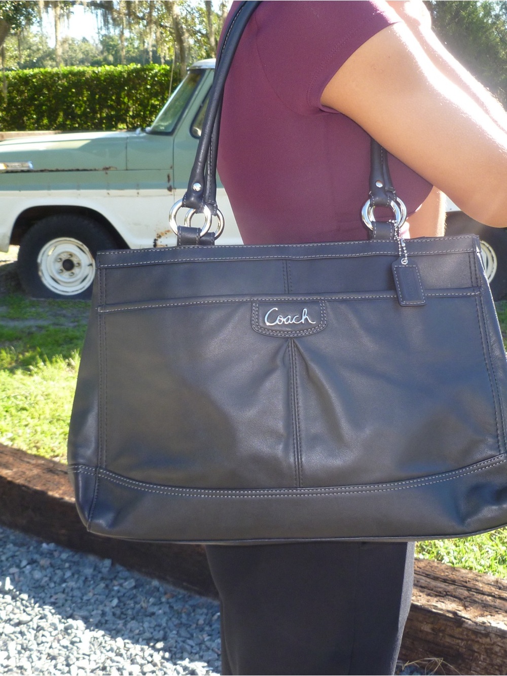 Coach Black Leather Shoulder Tote with Silver Hardware